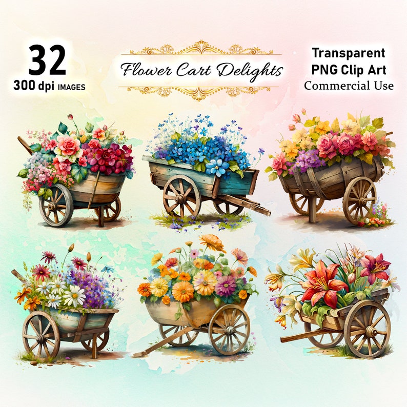32 Watercolor Floral Wheelbarrows & Flower Cart Clipart Springtime