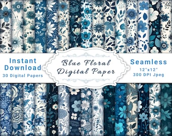 Floral blue digital paper, blue background, printable digital scrapbook paper floral, leaves digital paper, Floral pattern, seamless pattern
