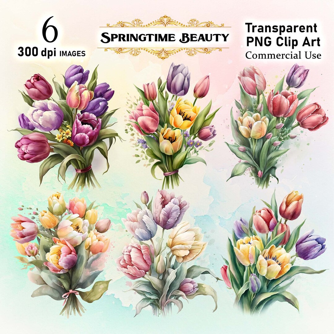 6 Springtime Beauty: Watercolor Tulip Bouquet Clipart | Transparent PNG ...