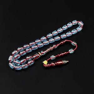 Tasbih camaleontico che cambia colore, realizzato dalla Maestra Emine Resvani - 8 x 12 mm, perline magiche in resina di bachelite a taglio capsula, modello Mesnevi Misbaha