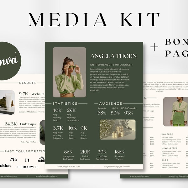 3 Page Media Kit & Rate Sheet Instagram Influencer Media Press Kit Blogger Canva Template Social Media Kit Modern Neutral Green