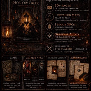 May include: A promotional image for "The Lantern Beneath Hollow Creek," a D&D one-shot adventure. The dark, atmospheric design features a lantern, figures, and text detailing immersive content, maps, NPCs, and audio. Designed for 3-5 players, levels 3-5.