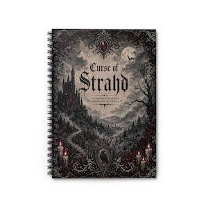 May include: A spiral-bound journal featuring a dark, gothic-style cover illustration of a castle on a mountain, a full moon, and a raven emblem. The text reads Curse of Strahd and Dungeons & Dragons Campaign Journal in black gothic lettering.
