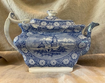 1800's Antique Flow Blue and White Stafordshire English Transferware Tea Pot 11" wide