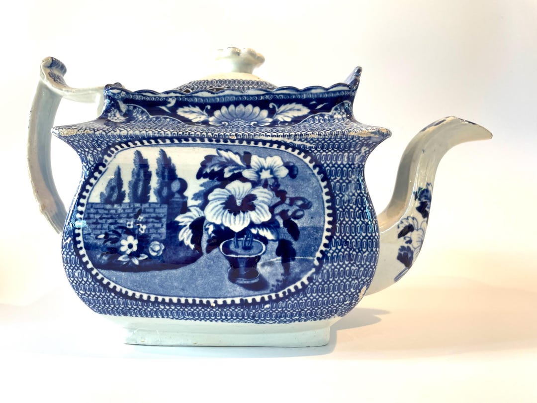 Antique Historical Flow Blue Transferware Pearlware Tea Pot With Floral ...