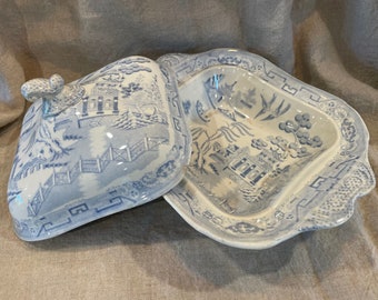 Antique Blue and White Transferware / Transfer Ware Covered Vegetable Dish