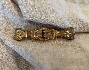 Antique Victorian Era Gold Filled & Black Enamel Ladies Broach circa 1850