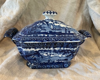 Antique Early Blue & White Transferware / Transfer Ware Covered Tureen / Sauce Dish