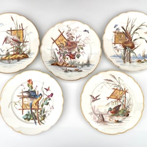 Set of 5 Antique Porcelain Dinner Plate with Birds 9"