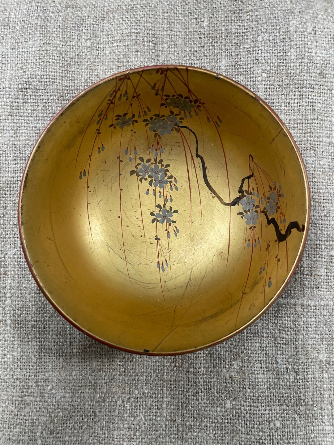 Vintage Japanese Lacquer Rice Bowl Gold With Cherry Blossoms Etsy
