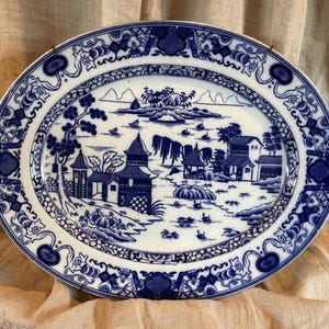 1800&#39;s Antique English Blue & White Willow Pattern Transferware / Transfer Ware Ironstone Iron Stone Ware Platter 16&quot;