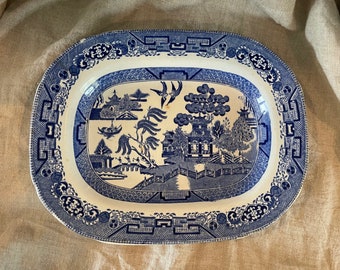 Large Antique Early Blue & White Willow Pattern Transferware / Transfer Ware Ironstone Iron Stone Ware Platter