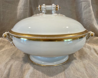 Antique Haviland Limoges France White Porcalain and Gold Covered Tureen