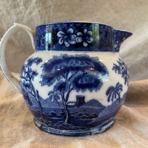 Spode 1800's Antique Flow Blue and White Transferware Pitcher