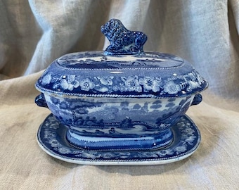 Antique Early Blue & White Transferware / Transfer Ware Covered Tureen / Sauce Dish