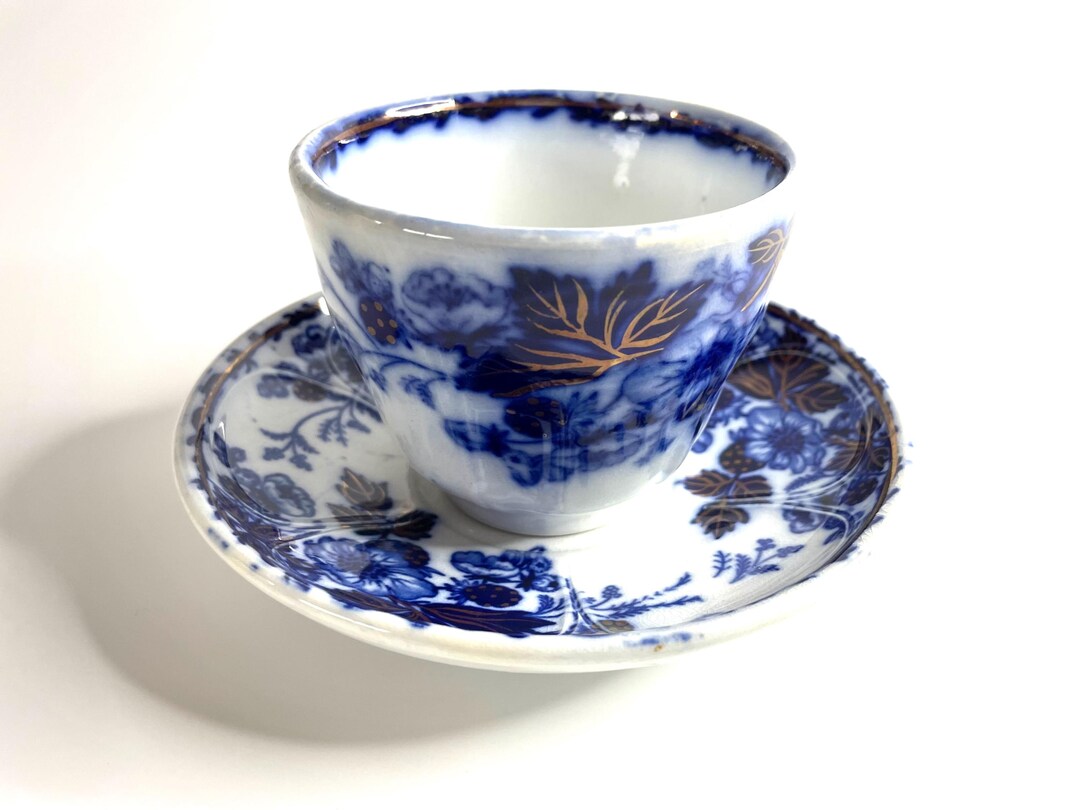 Antique Flow Blue & White With Gold Transferware Cup and Bowl (saucer ...