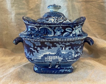Antique Early Blue & White Transferware / Transfer Ware Covered Tureen / Sauce Dish