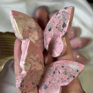May include: Pink and gray butterfly-shaped stone carvings. The carvings have a polished finish and are held in a hand. The stone has a mix of pink, gray, and black colors.