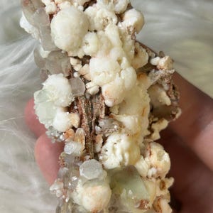 Green Apophyllite with Gyrolite on Pink Chalcedony