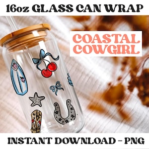 Coastal Cowgirl Glass Can Wrap | Girly Coastal Wrap, Hand Drawn PNG for Libby Glass Cans, 16oz Glass Can Wrap for coffee cups and drinks