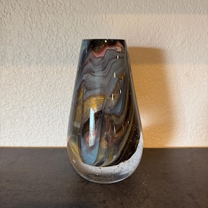 Sommerso-Style Handblown Glass Vase – Thick Crystal with Gold, Pink & Gray Swirls – Modern Art Glass Centerpiece