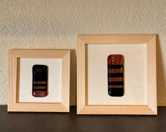 Set of 2 – Modern Fused Glass Wall Art – Black & Warm Earth Tone Stripes – Handmade Framed Glass Artwork
