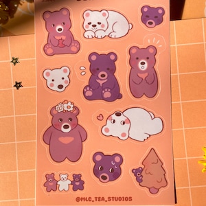 Hoja de pegatinas de osos, lindo material de papelería kawaii, diario de planificación, regalo, animal de la naturaleza