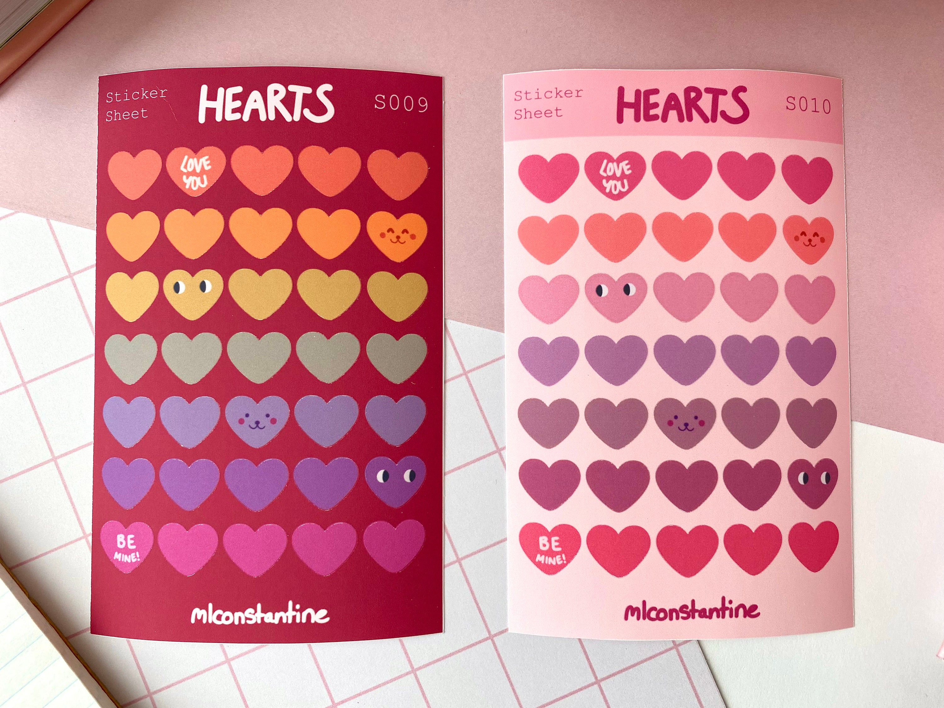 Heart sticker sheets, cute kawaii stationary, journal planner, valentines, holiday, love, friendship, gift