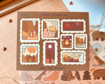 Campy stamp stickers, cute kawaii stationary, travel journal, planner, hiking, camping, nature, outdoors, gift