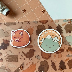 Adesivos extravagantes, papelaria fofa kawaii, raposa, caminhadas, viagens, diário planejador de acampamento, presente, natureza