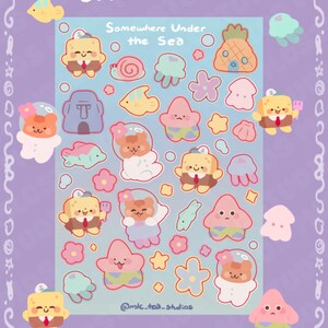 Onder de zee stickervel, schattig kawaii briefpapier, planner dagboek kalender cadeau, SpongeBob Patrick squidward oceaan strand zomer tropisch