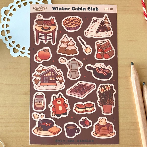 Winter Cabin Sticker Sheet, cute kawaii stationary, planner journal, camping nature, cozy cottage core, seasonal, autumn