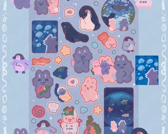 Aquarium Sticker Sheet, cute kawaii stationary, planner journal calendar gift, ocean summer beach tropical