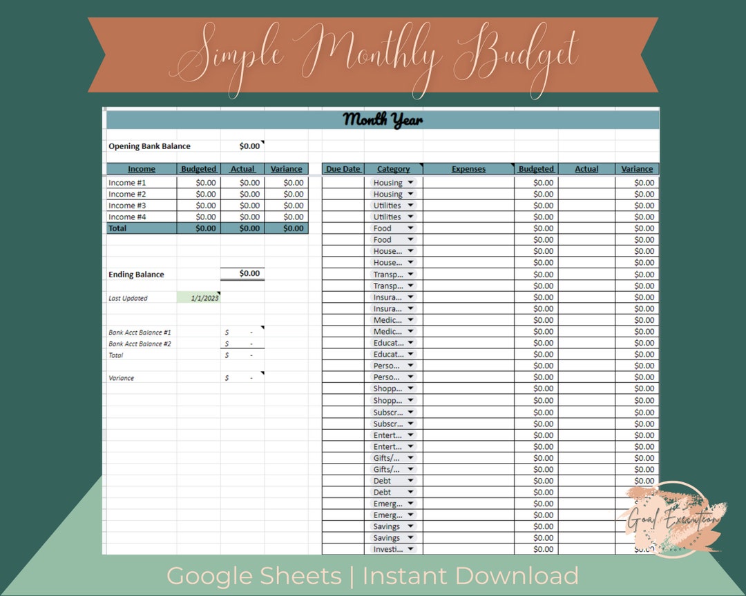 SIMPLE Monthly Budget Template - Etsy