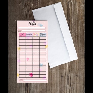 May include: Pink printable bill tracker with a floral design. The tracker has columns for date, description, plus or minus, and balance.