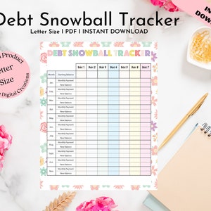 May include: A printable debt snowball tracker with a floral design. The tracker includes columns for month, starting balance, monthly payment, and new balance. The tracker is designed to help people pay off their debt faster.