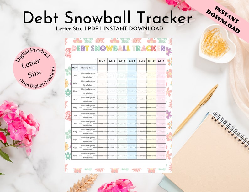 May include: A printable debt snowball tracker with a floral design. The tracker includes columns for month, starting balance, monthly payment, and new balance. The tracker is designed to help people pay off their debt faster.