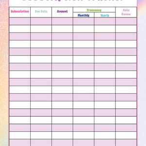 May include: A printable subscription tracker with a pink and purple glitter background. The tracker has columns for subscription name, due date, amount, frequency (monthly or yearly), and auto renew.