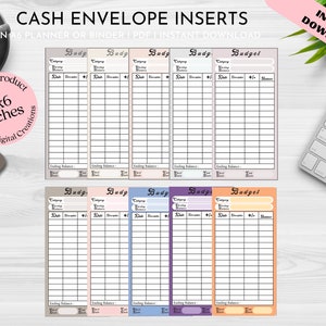 May include: Printable cash envelope inserts for budgeting. The inserts are 3x6 inches and come in six different colors: peach, light pink, light blue, lavender, light gray, and orange. The inserts have a space for the category, starting balance, date, description, plus or minus, and ending balance.