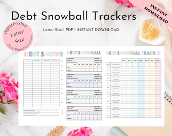 May include: Printable debt snowball tracker in letter size PDF format. The tracker has a pastel color scheme with sections for debt name, due date, minimum payment, interest rate, and balance. There are also sections for monthly payments and debt payoff dates.