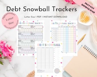 May include: Three printable debt snowball tracker worksheets with a pastel color scheme and floral accents. The worksheets include sections for debt name, starting balance, minimum payment, extra payment, and monthly balance. The text "Debt Snowball Tracker" is featured on each worksheet.