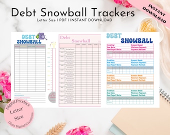 May include: Printable debt snowball tracker in letter size PDF format. The tracker has a colorful design with a snowball graphic and includes sections for creditor, due date, goal payoff date, amount owed, minimum payment, and payment method. The tracker also includes a monthly budget section with columns for month, starting balance, monthly payment, total paid, and new balance.