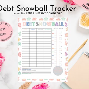 May include: Printable debt snowball tracker with a floral design. The tracker includes sections for month, due date, total paid, and remaining balance. It also includes a section for starting balance, minimum monthly payment, goal monthly payment, and goal payoff date.