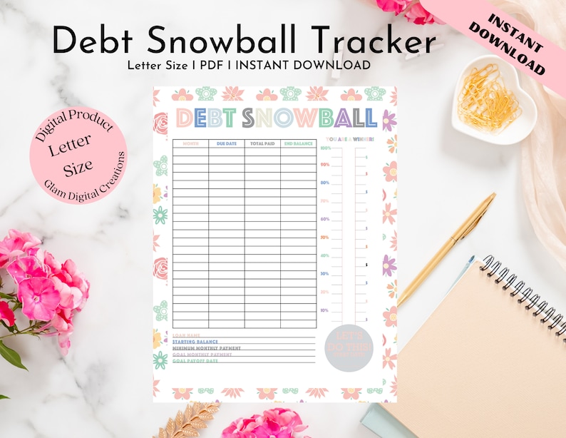 May include: Printable debt snowball tracker with a floral design. The tracker includes sections for month, due date, total paid, and remaining balance. It also includes a section for starting balance, minimum monthly payment, goal monthly payment, and goal payoff date.