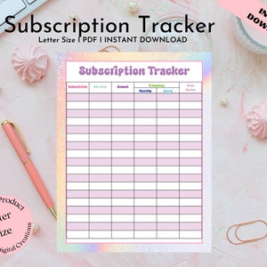 Puede incluir: Un rastreador de suscripciones imprimible con un fondo de purpurina rosa y morado. El rastreador tiene columnas para el nombre de la suscripción, la fecha de vencimiento, el monto, la frecuencia y la renovación automática. El texto "Subscription Tracker" está en la parte superior de la página.
