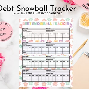 May include: A printable debt snowball tracker with a floral design. The tracker has four sections for listing loan name, due date, goal payoff date, minimum payment, interest rate, and balance. Each section has a table with columns for each month of the year.