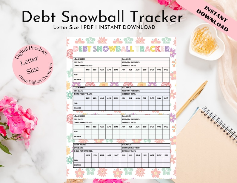 May include: A printable debt snowball tracker with a floral design. The tracker has four sections for listing loan name, due date, goal payoff date, minimum payment, interest rate, and balance. Each section has a table with columns for each month of the year.