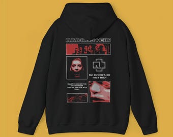 Sudadera con capucha y collage de Rammstein, logotipo de la banda, paneles de fotos de conciertos, estilo gótico rojo y negro