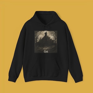 May include: Black hoodie with a graphic print of a dark castle and trees. The text "Opeth" is printed below the image.