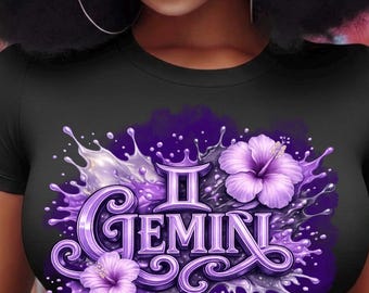 Gemini Zodiac PNG Design with Purple Hibiscus (Digital Download)
